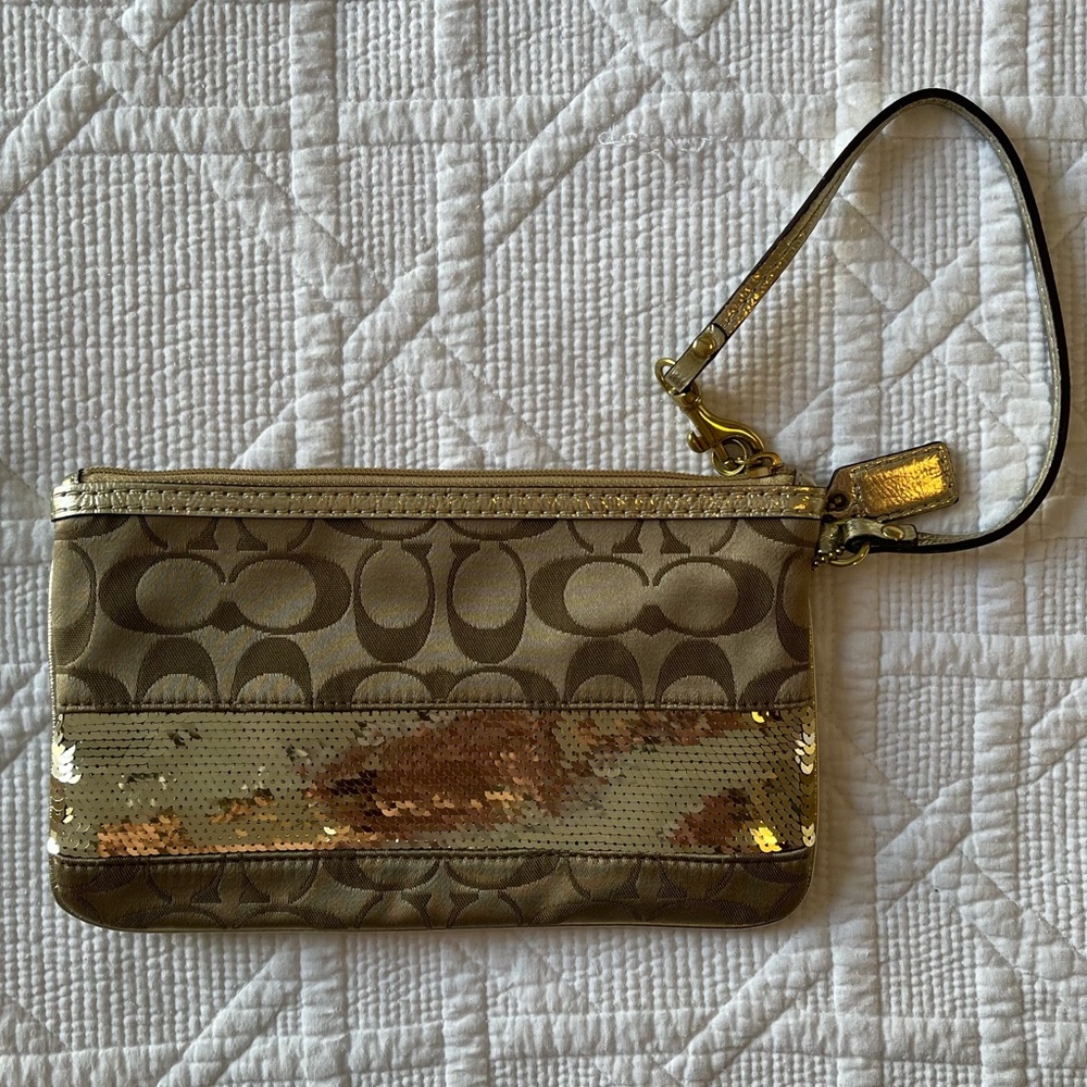 COACH Signature Khaki Wristlet with Gold Sequins 46160